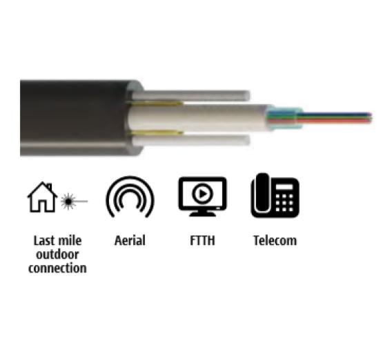 Kabel, optički, zračni, 2-vlakna, 09/125um, G.652d, w/gel, provjes 70m, PE, 1300N, 8.3x4.6mm, plosnati 4229